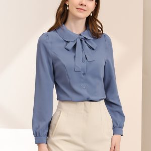 Peter Pan Collar Chiffon Bow Tie Neck Puff Sleeve Button Blouse Dusty Blue/S - Allegra K catalog