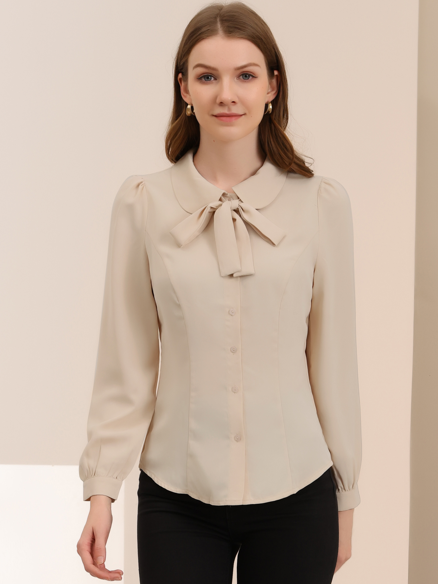 Peter Pan Collar Chiffon Bow Tie Neck Puff Sleeve Button Blouse Beige/XS - Allegra K catalog