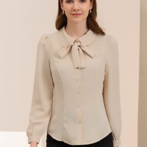 Peter Pan Collar Chiffon Bow Tie Neck Puff Sleeve Button Blouse Beige/L - Allegra K catalog