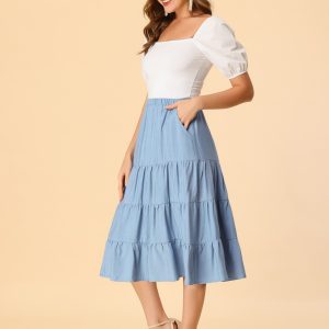 Midi Solid Elastic Waist Flare Tiered Long Pockets A-Line Skirt Blue/L - Allegra K catalog