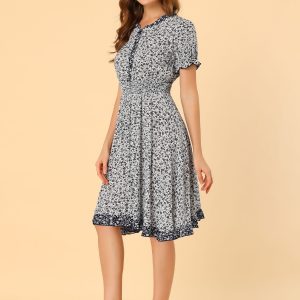 Floral Ruffle Neck Smocked Waist Short Sleeve Midi Dress White/M - Allegra K catalog