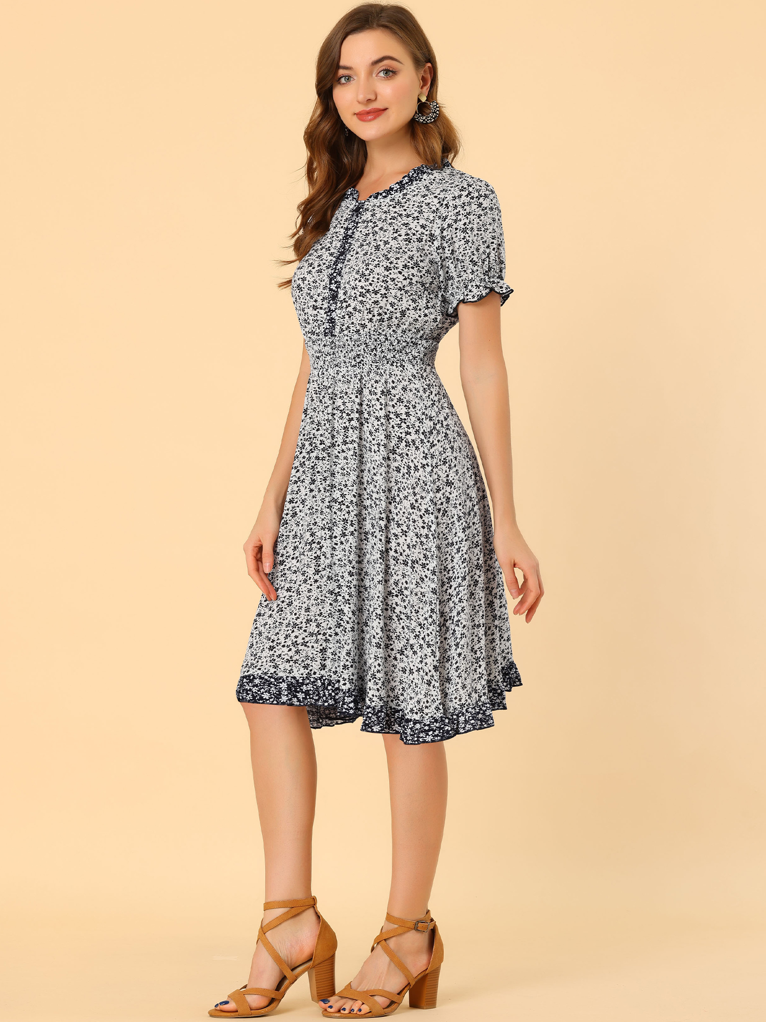 Floral Ruffle Neck Smocked Waist Short Sleeve Midi Dress White/M - Allegra K catalog