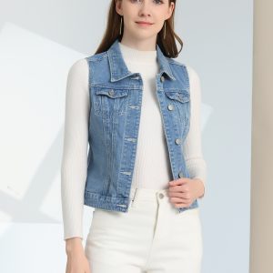 Buttoned Chest Flap Pocket Washed Denim Jacket Vest Light Blue/XL - Allegra K catalog