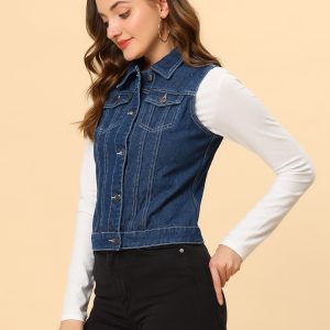 Flap Pocket Washed Buttoned Denim Jacket Vest Dark Blue/XL - Allegra K catalog
