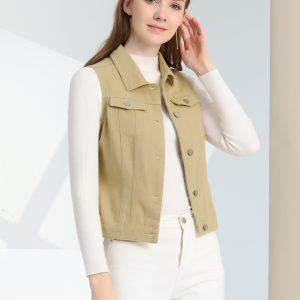 Flap Pocket Washed Buttoned Denim Jacket Vest Light Khaki/M - Allegra K catalog