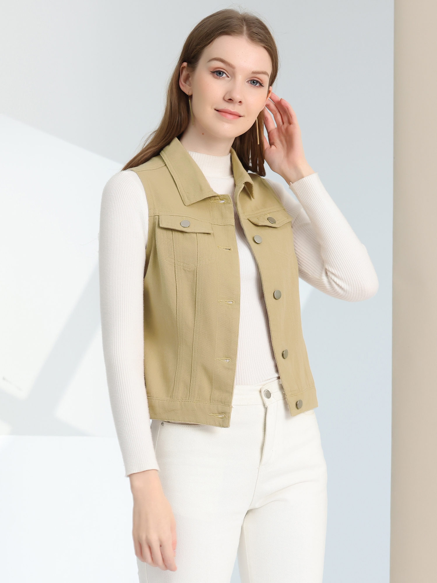Flap Pocket Washed Buttoned Denim Jacket Vest Light Khaki/L - Allegra K catalog
