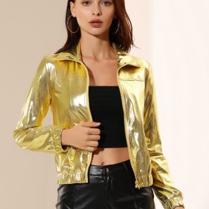 Holographic Long Sleeve Lightweight Zipper Metallic Jacket Golden/XL - Allegra K catalog