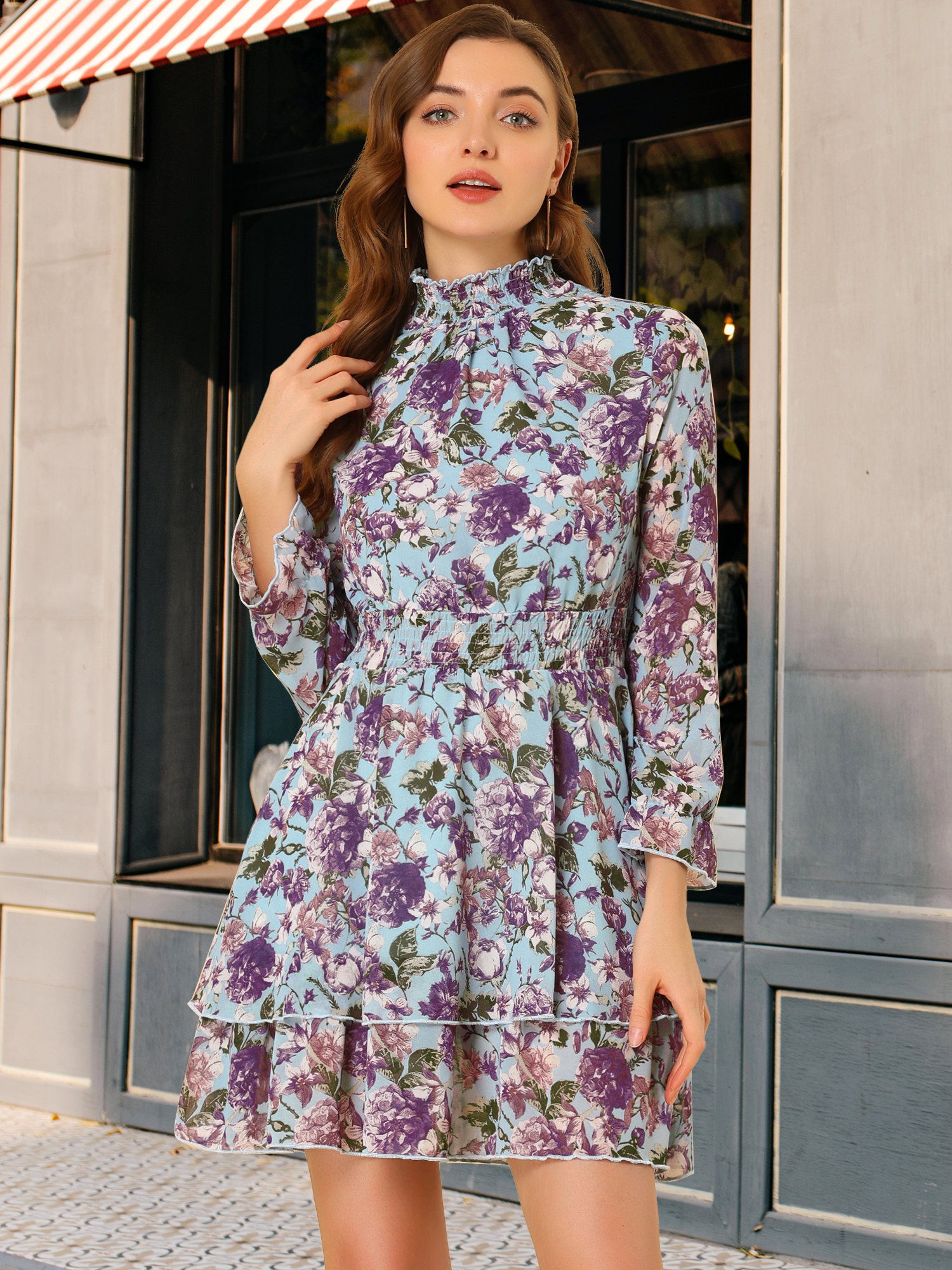 Floral Chiffon Long Sleeve Mock Neck Ruffle Layered Mini Dress Blue/XS - Allegra K catalog