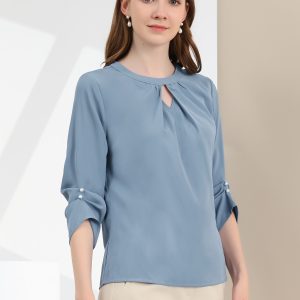 Office Keyhole Pleated Front Ruched 3/4 Sleeve Chiffon Blouse Grey Blue/XS - Allegra K catalog