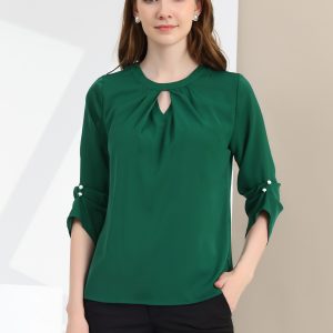 Office Keyhole Pleated Front Ruched 3/4 Sleeve Chiffon Blouse Green/S - Allegra K catalog