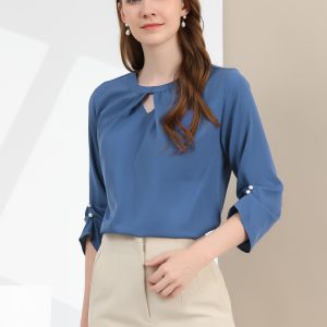 Office Keyhole Pleated 3/4 Sleeve Chiffon Blouse Deep Grey Blue/S - Allegra K catalog