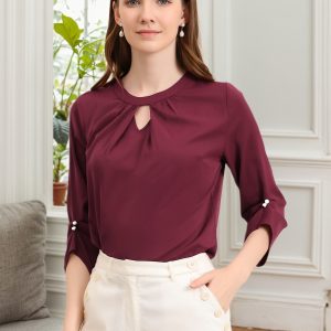 Office Keyhole Pleated Front Ruched 3/4 Sleeve Chiffon Blouse Wine Red/L - Allegra K catalog