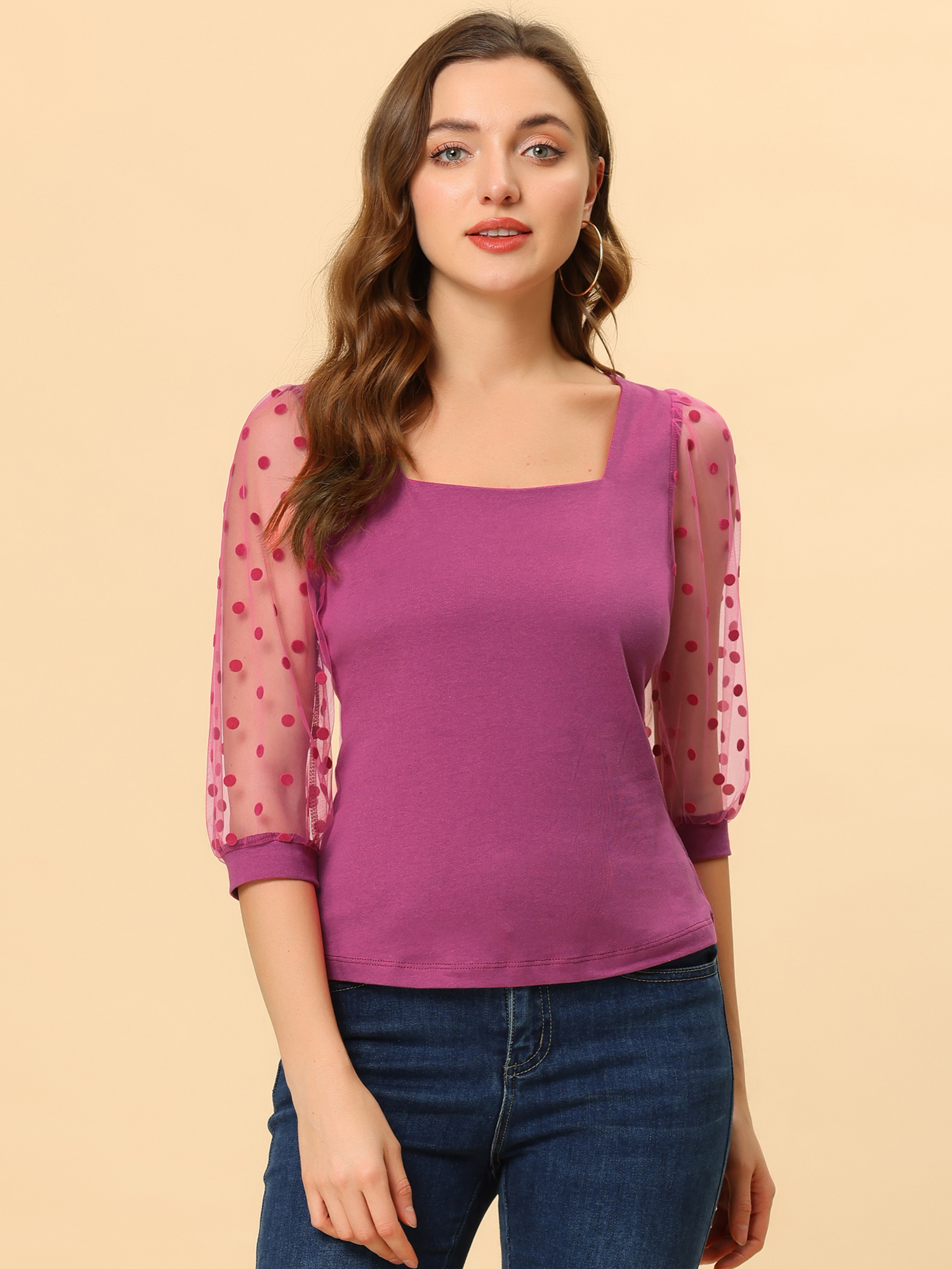 Retro Square Neck Tops Slim Fit Semi Sheer 3/4 Mesh Sleeve Top Plum/M - Allegra K catalog