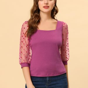 Retro Square Neck Tops Slim Fit Semi Sheer 3/4 Mesh Sleeve Top Plum/XL - Allegra K catalog