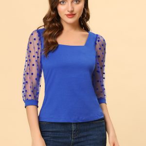 Retro Square Neck Tops Slim Fit Semi Sheer 3/4 Mesh Sleeve Top Royal Blue/L - Allegra K catalog