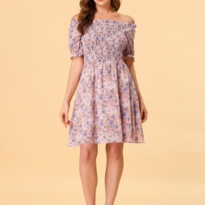 Summer Square Neck Off Shoulder A-Line Smocked Chiffon Floral Dress Pink/S - Allegra K catalog