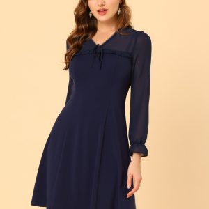 Ruffle V Neck Mesh Sheer Panel Long Sleeve Chiffon Mini Dress Navy Blue/XL - Allegra K catalog