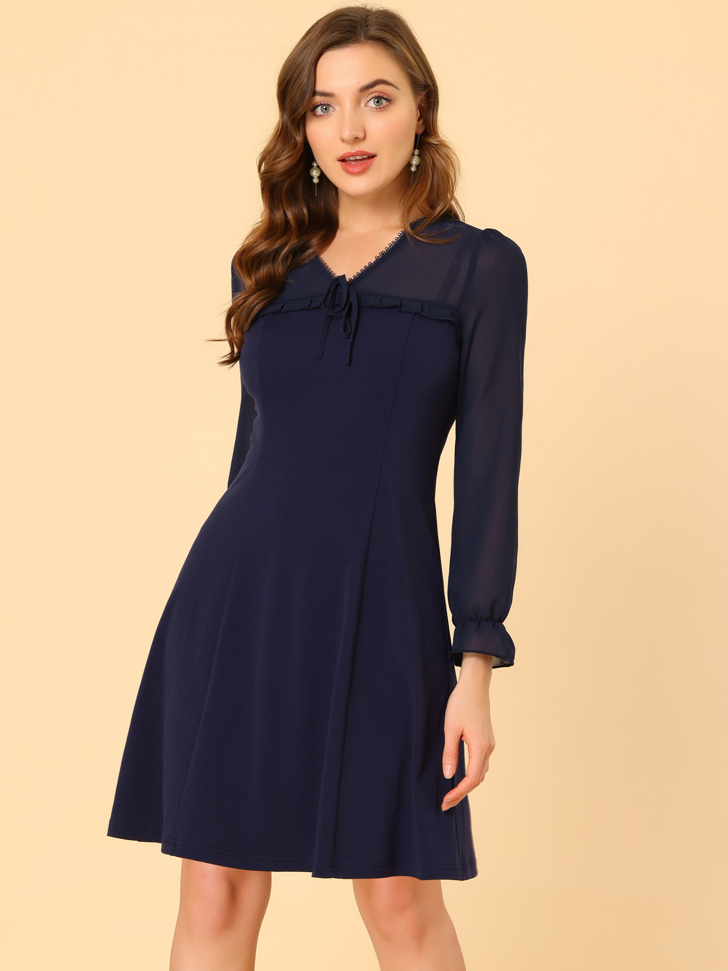 Ruffle V Neck Mesh Sheer Panel Long Sleeve Chiffon Mini Dress Navy Blue/XL - Allegra K catalog