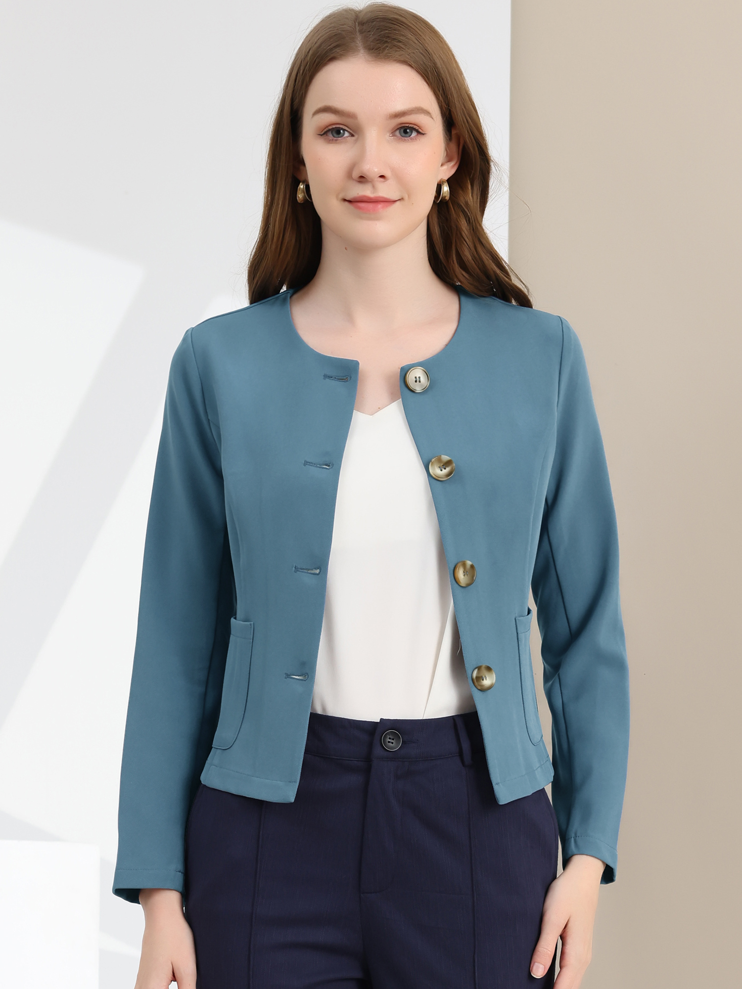 Fall Casual Jacket Elegant Button Front Work Office Blazer Blue/XS - Allegra K catalog