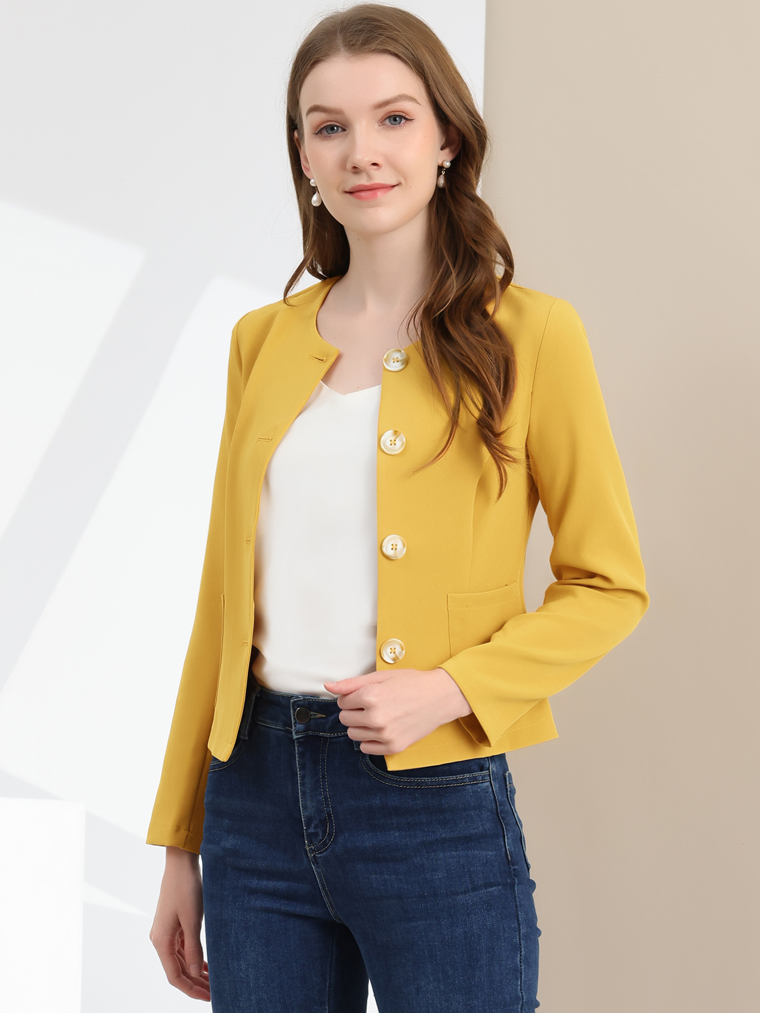 Fall Casual Jacket Elegant Button Front Work Office Blazer Yellow/S - Allegra K catalog