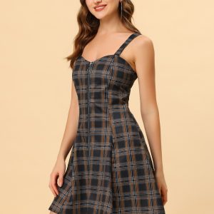 Plaid Zipper Front Party Strap Sleeveless Tube Mini A-Line Dress Black/XS - Allegra K catalog