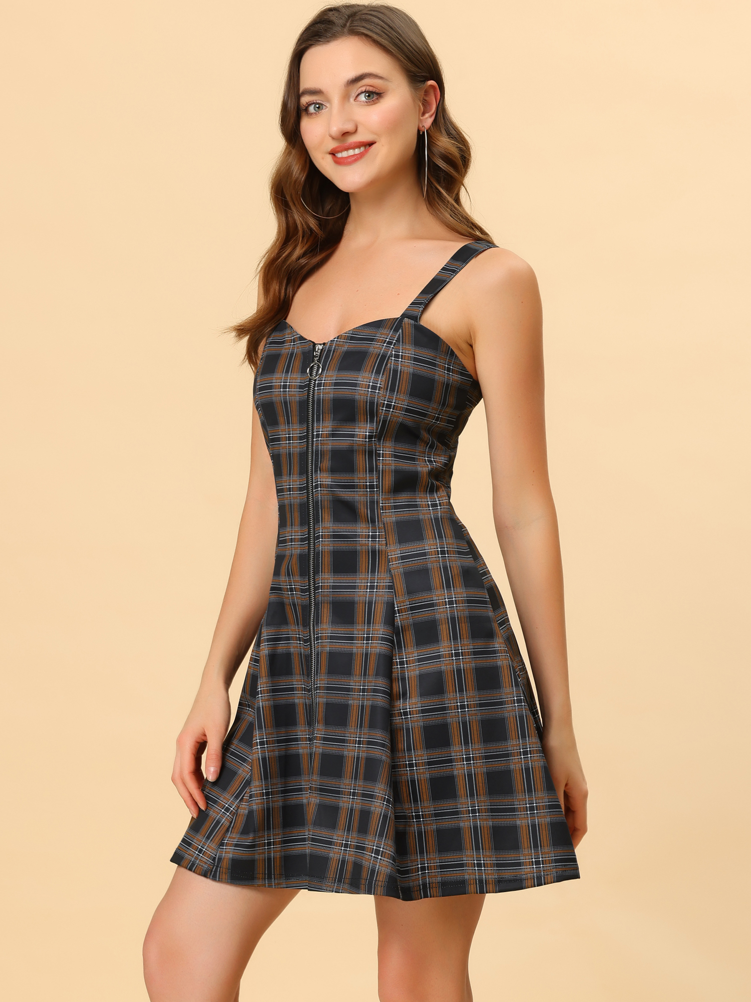 Plaid Zipper Front Party Strap Sleeveless Tube Mini A-Line Dress Black/L - Allegra K catalog