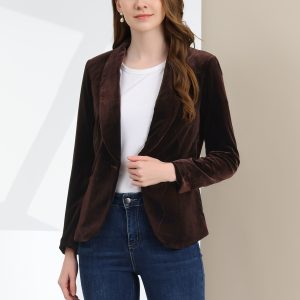 Solid Shawl Collar Single Button Velvet Blazer Deep Brown/XS - Allegra K catalog
