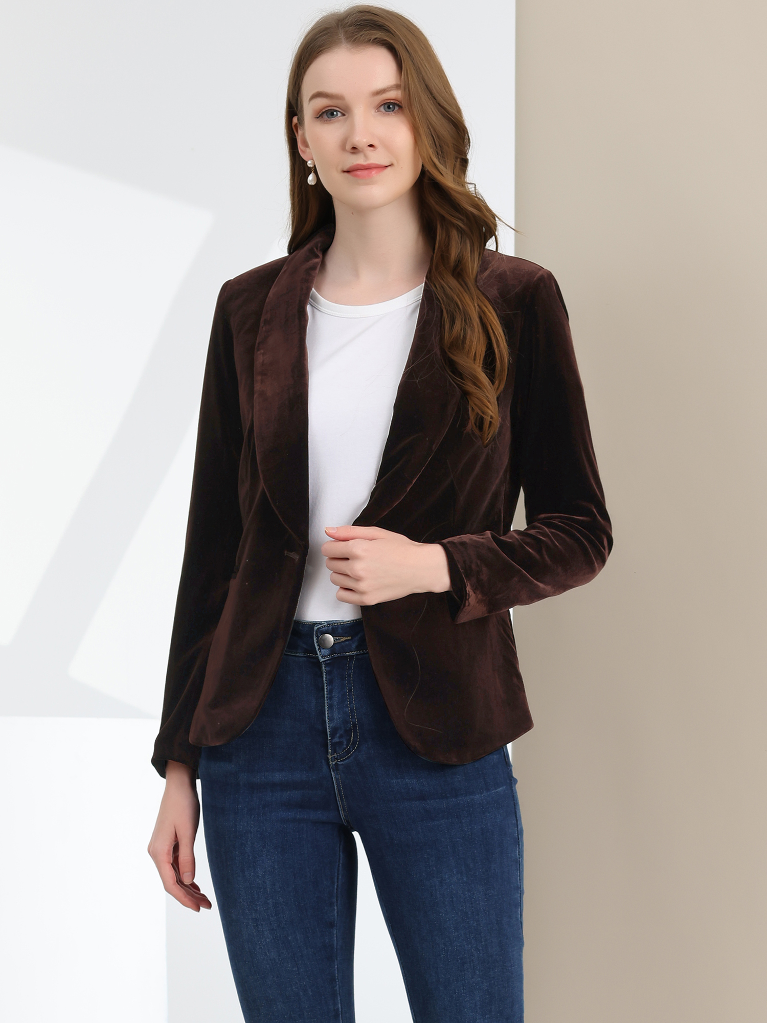Solid Shawl Collar Single Button Velvet Blazer Deep Brown/M - Allegra K catalog
