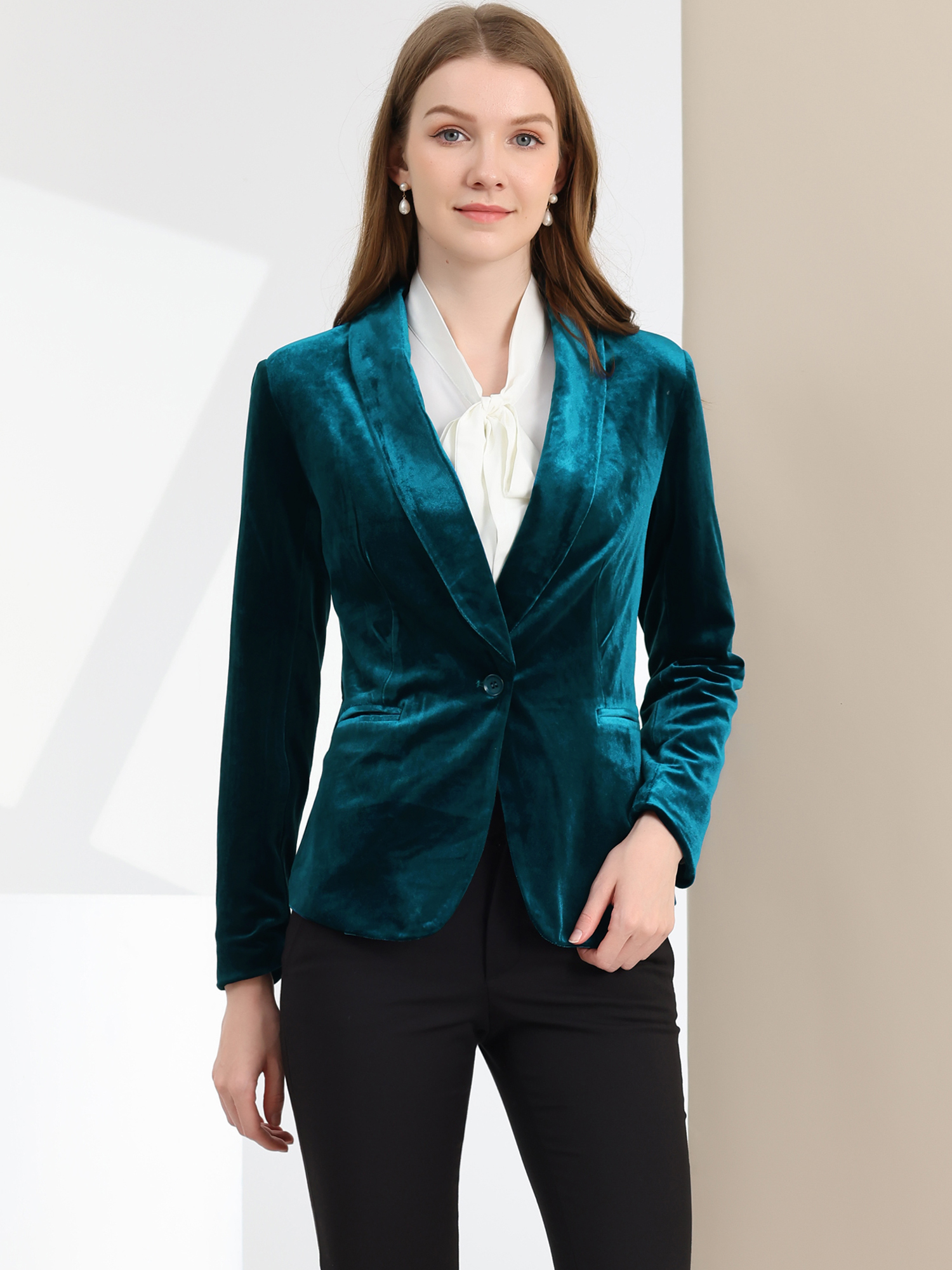 Shawl Collar Single Button Velvet Solid Office Work Jacket Blazer Lake Blue/XS - Allegra K catalog