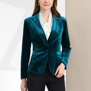 Shawl Collar Single Button Velvet Solid Office Work Jacket Blazer Lake Blue/XL - Allegra K catalog