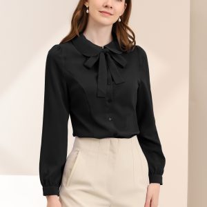 Peter Pan Collar Chiffon Bow Tie Neck Puff Sleeve Button Blouse Black/3XL - Allegra K catalog