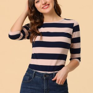 Halloween 3/4 Sleeve T-shirt Casual Boat Neck Slim Fit Tee Pink Navy/L - Allegra K catalog