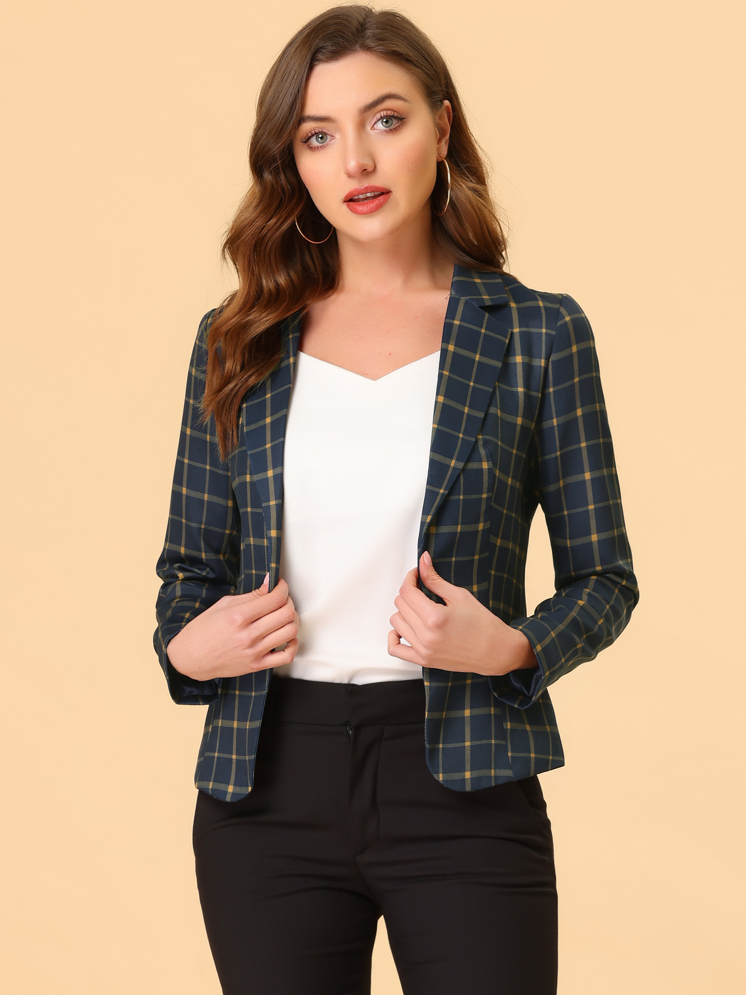 Business Casual Open Front Notch Lapel Plaid Suit Blazer Dark Blue-Plaid/L - Allegra K catalog