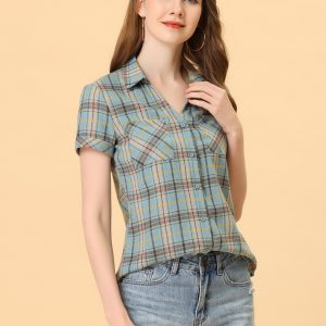 Button Down Cotton Classic Western Plaid Shirt Grey Blue/XS - Allegra K catalog