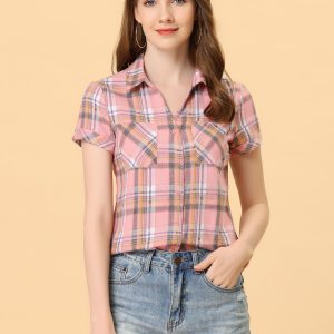 Button Down Cotton Classic Western Plaid Shirt Light Pink/L - Allegra K catalog