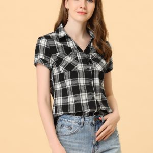 Cotton Classic Button Down Plaid Short Sleeve Shirt Black/XL - Allegra K catalog