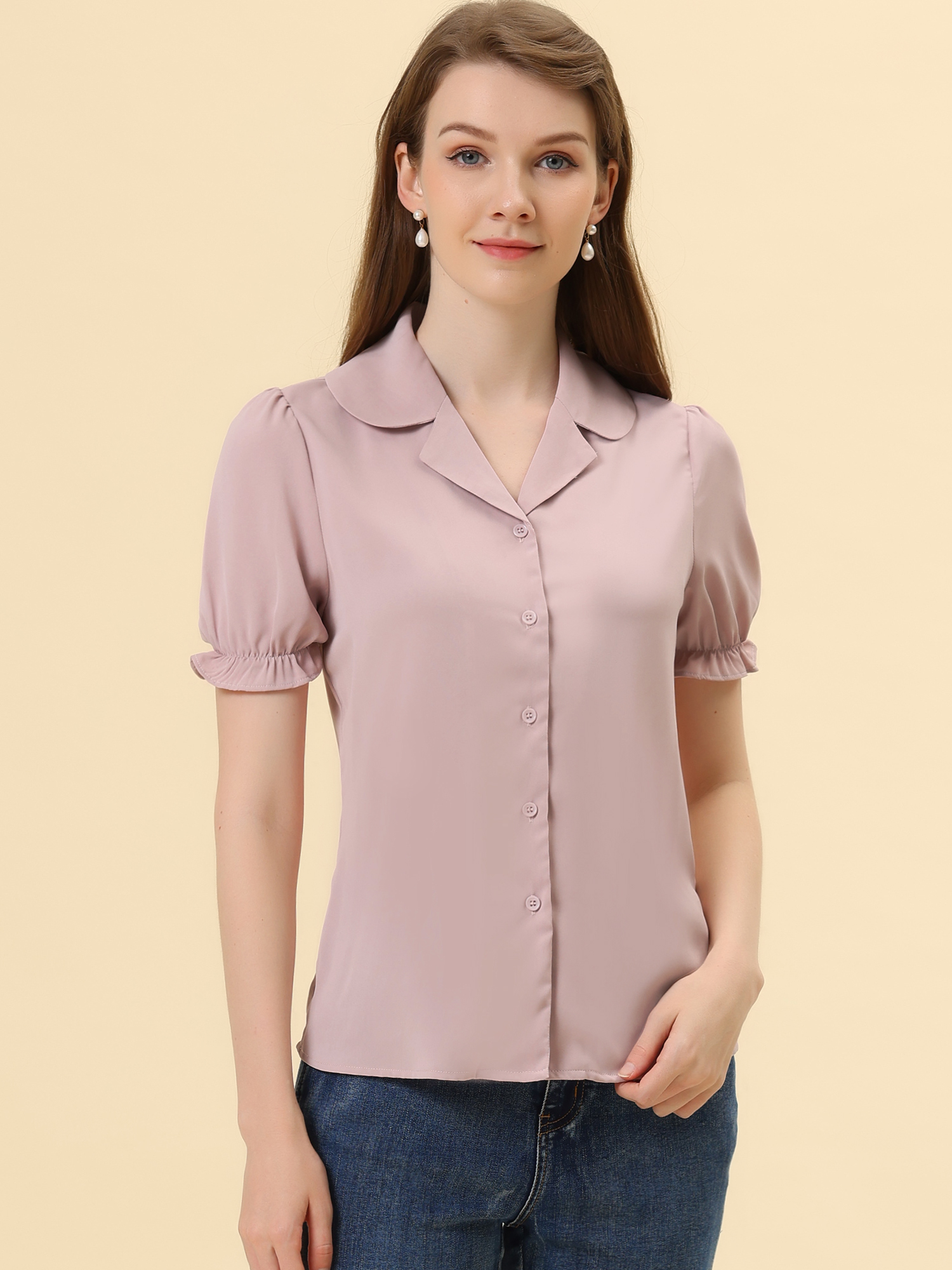 Summer Work Lapel Collar Blouse Short Sleeve Button Down Shirt Pink/XS - Allegra K catalog