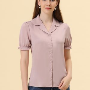 Summer Work Lapel Collar Blouse Short Sleeve Button Down Shirt Pink/M - Allegra K catalog