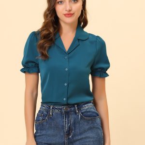 Summer Work Lapel Collar Blouse Short Sleeve Button Down Shirt Lake Blue/S - Allegra K catalog