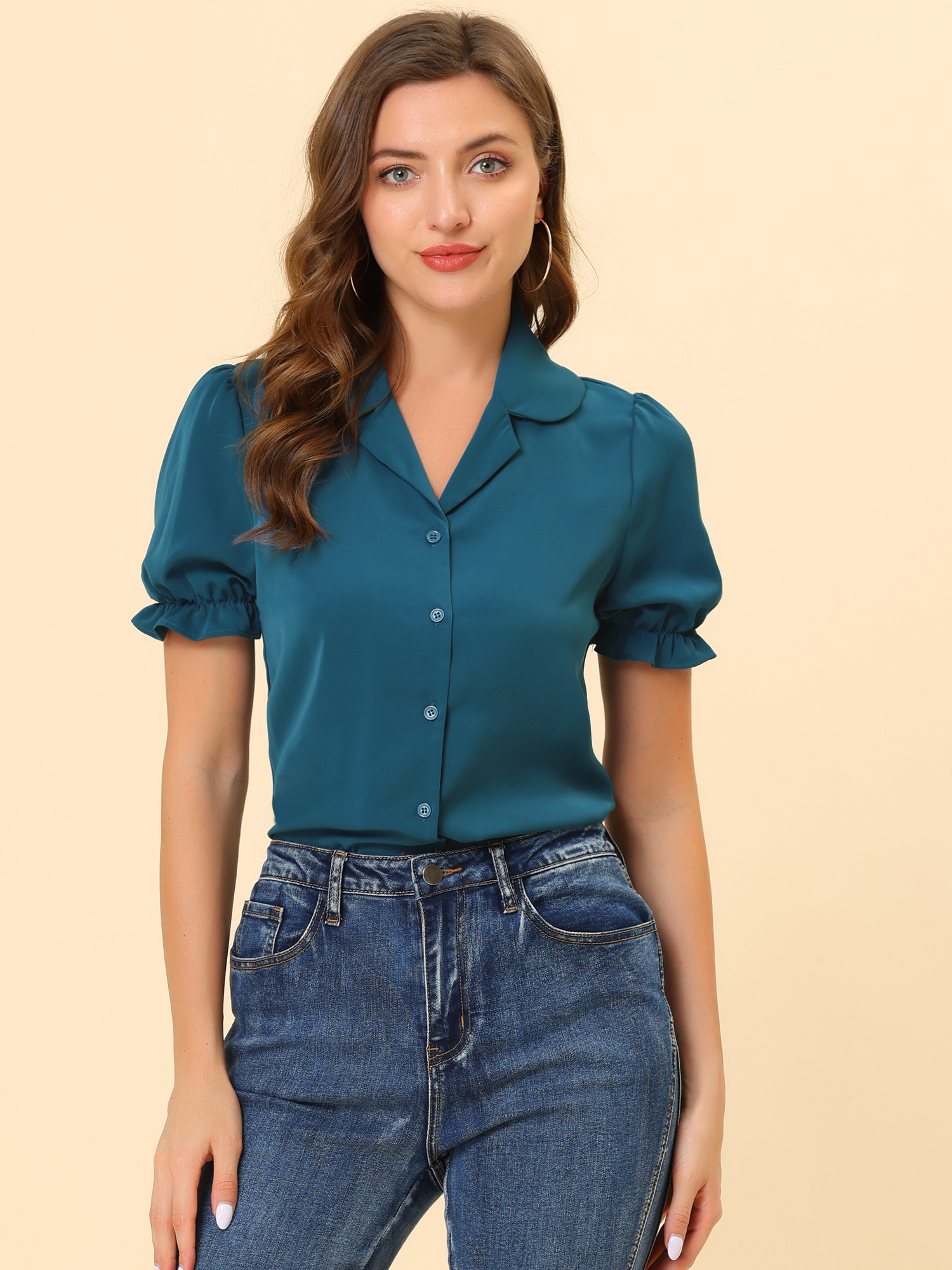 Summer Work Lapel Collar Blouse Short Sleeve Button Down Shirt Lake Blue/XL - Allegra K catalog