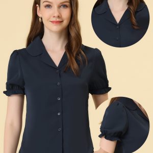 Summer Work Lapel Collar Blouse Short Sleeve Button Down Shirt Navy Blue/L - Allegra K catalog