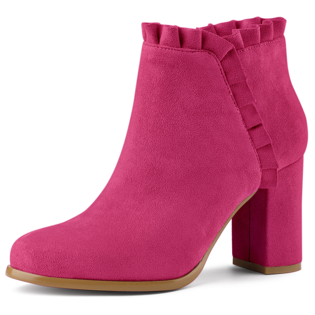 Pointed Toe Ruffle Block Heel Side Zipper Ankle Boots HotPink/7 - Allegra K catalog