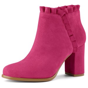 Pointed Toe Ruffle Block Heel Side Zipper Ankle Boots HotPink/9 - Allegra K catalog