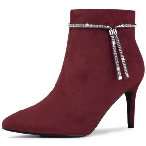 Bling Rhinestone Pointed Toe Stiletto Heel Ankle Boots Burgundy/6 - Allegra K catalog
