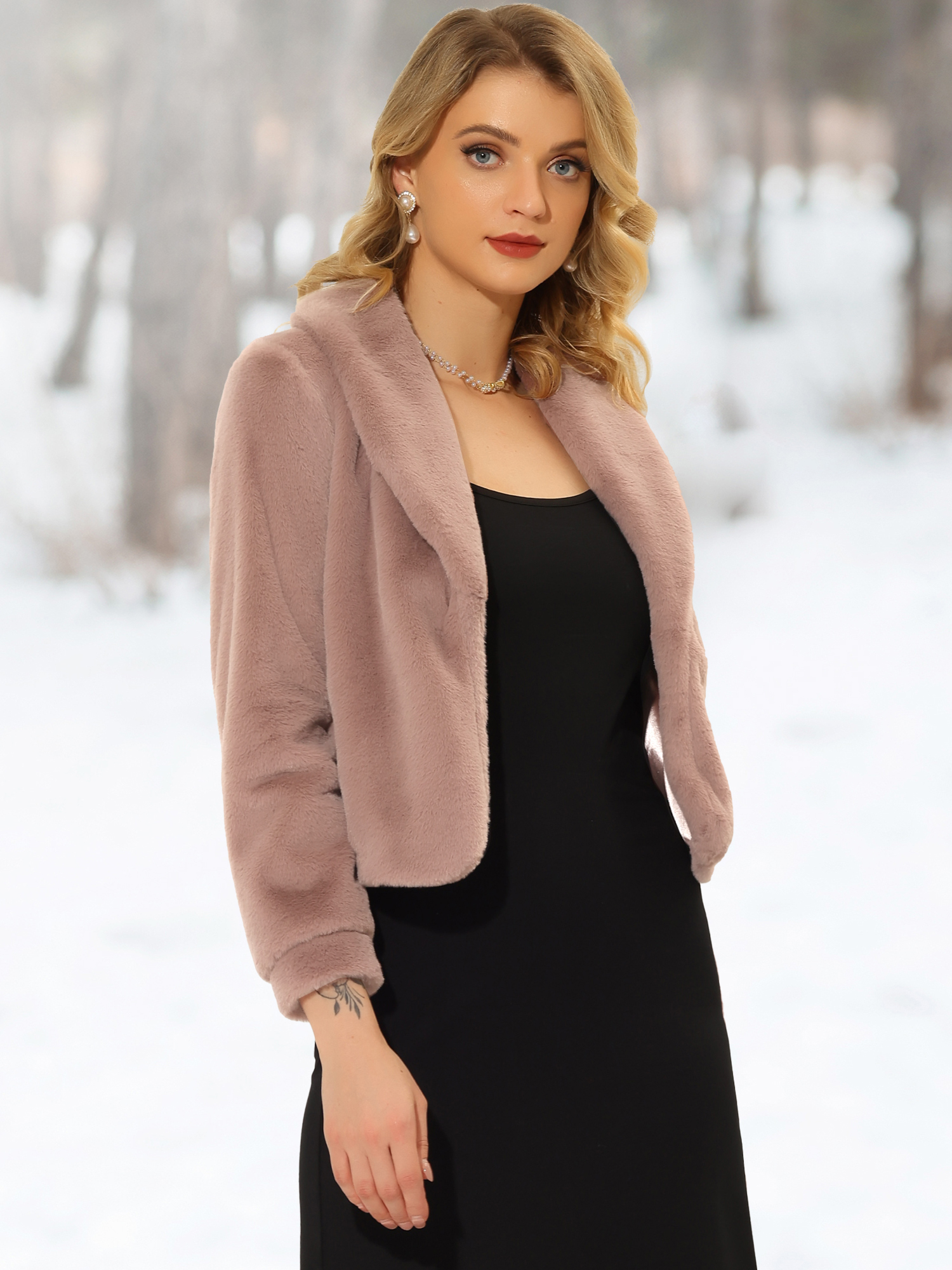 Winter Cropped Jacket Lapel Long Sleeve Faux Fur Fluffy Coat Dusty Pink/XL - Allegra K catalog