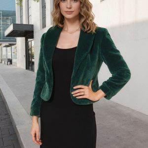 Winter Cropped Jacket Lapel Long Sleeve Faux Fur Fluffy Coat Green/XS - Allegra K catalog