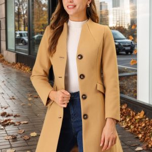 Elegant Winter Overcoat V Neck Single Breasted Long Coat Khaki/XL - Allegra K catalog