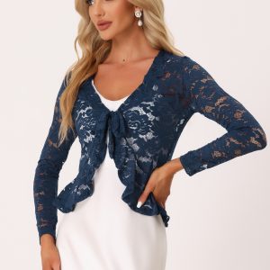 Floral Lace Tie Front Ruffled Hem Sheer Crop Bolero Shrug Dark Blue/XS - Allegra K catalog