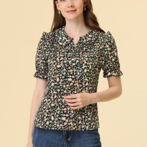 Peter Pan Collar Puff Short Sleeve Ruffle Smocked Floral Blouse Black/XS - Allegra K catalog