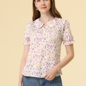 Peter Pan Collar Puff Short Sleeve Ruffle Smocked Floral Blouse Pink/S - Allegra K catalog
